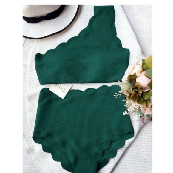 Zaful Other - Zaful High Waisted Scalloped One Shoulder Bikini